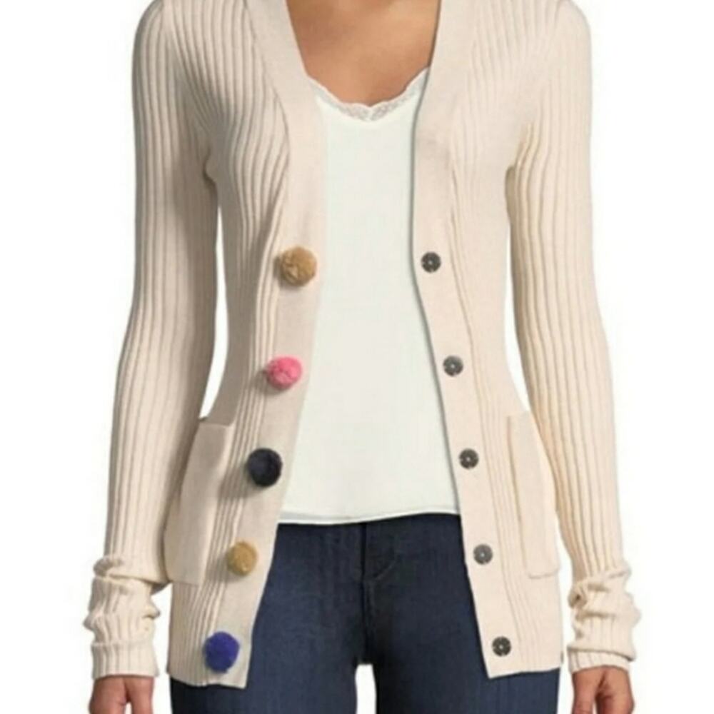 Ribbed neutral cardigan with pom pom snaps size XS NWT
